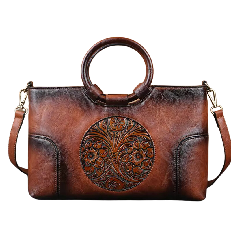 Bolsa Feminina de Couro Com Detalhes em Relevo-Marrom