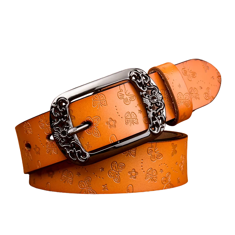 Cinto Feminino de Couro em Relevo-Amarelo/Marrom