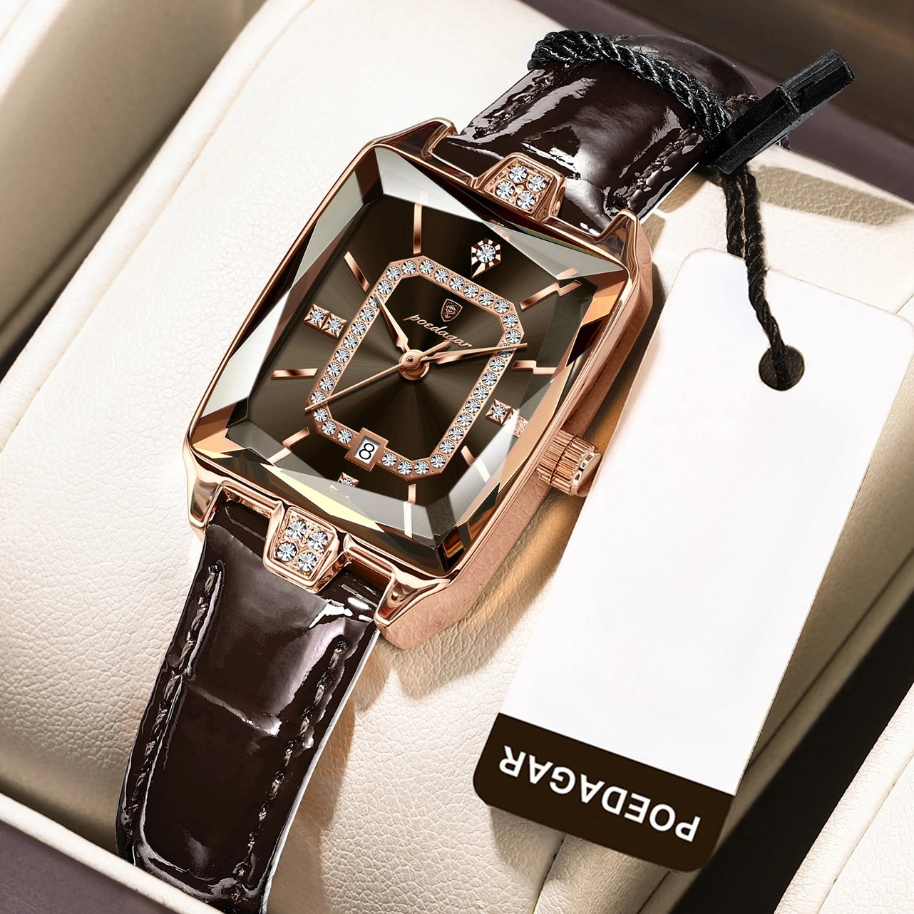 Relógio de Couro Retangular Com Diamantes-Marrom