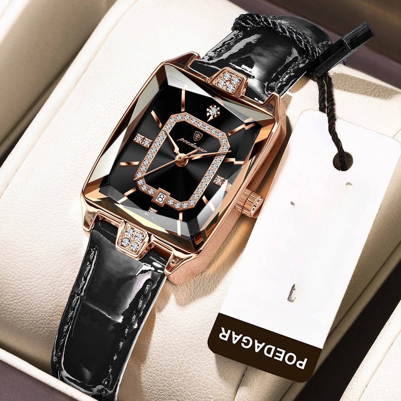 Relógio de Couro Retangular Com Diamantes-Preto
