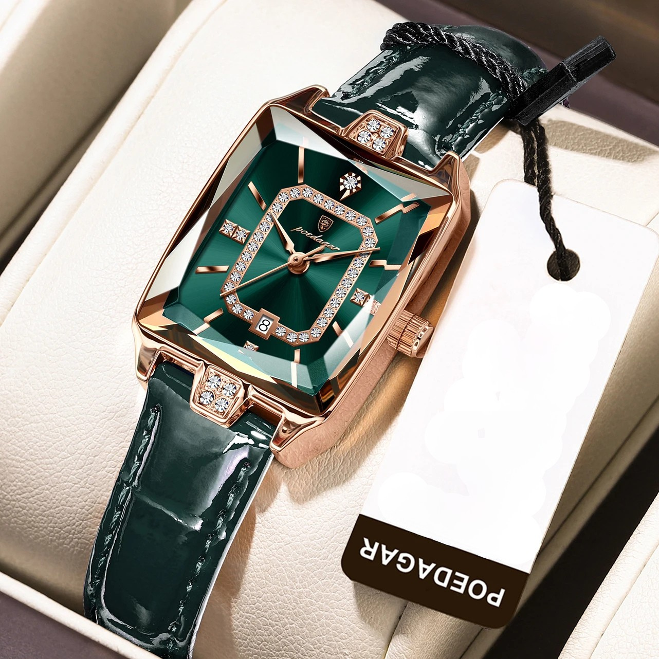 Relógio de Couro Retangular Com Diamantes-Verde