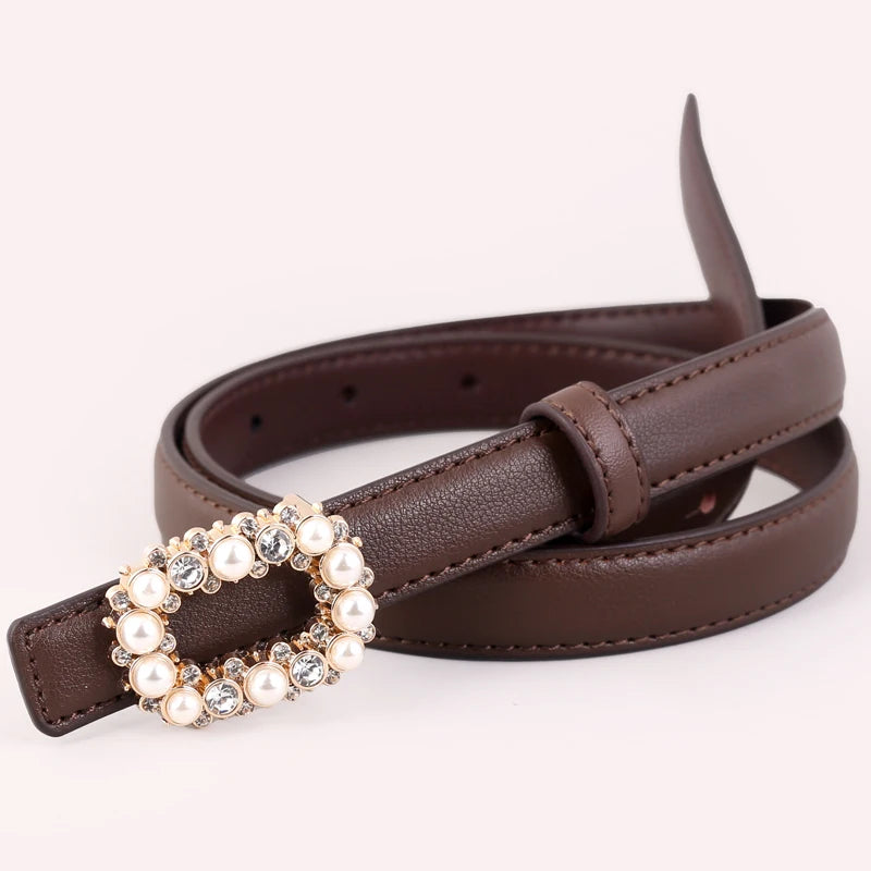 Cinto de Couro Com Fivela de Pérolas