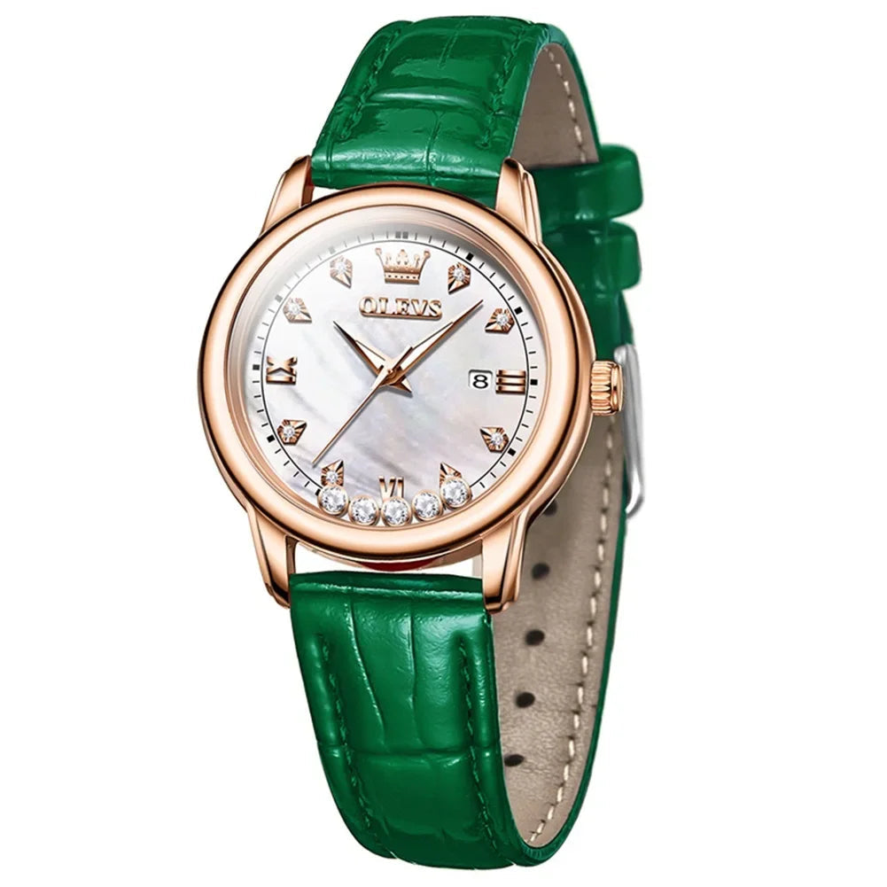 Relógio de Couro Com Diamantes-Verde