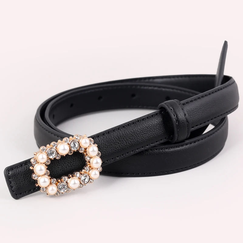 Cinto de Couro Com Fivela de Pérolas