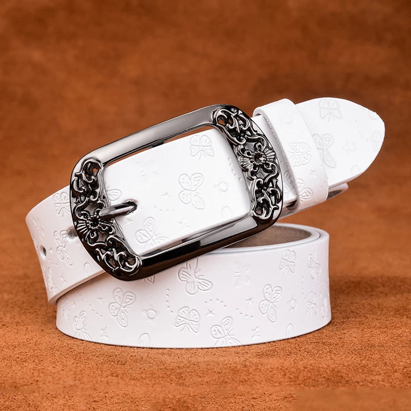 Cinto Feminino de Couro em Relevo-Branco