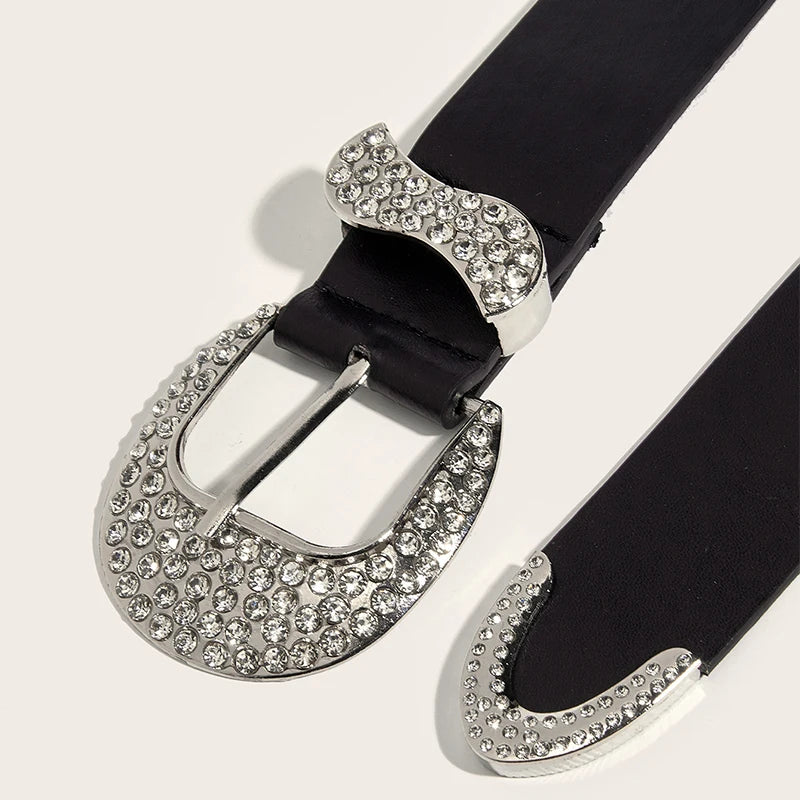 Cinto de Couro Com Fivela de Brilhantes