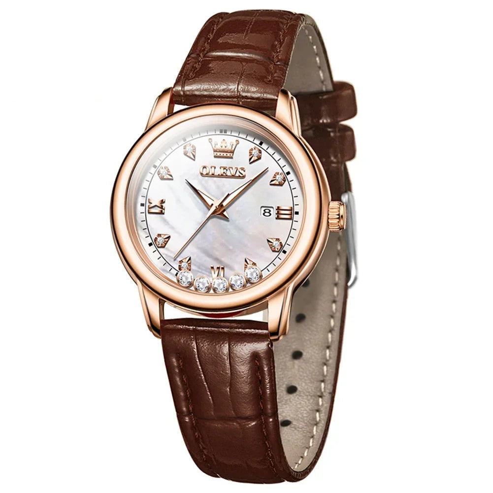 Relógio de Couro Com Diamantes-Marrom