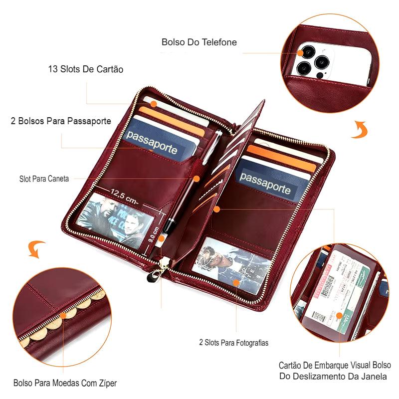 Carteira de Couro Para Passaportes e Cartões