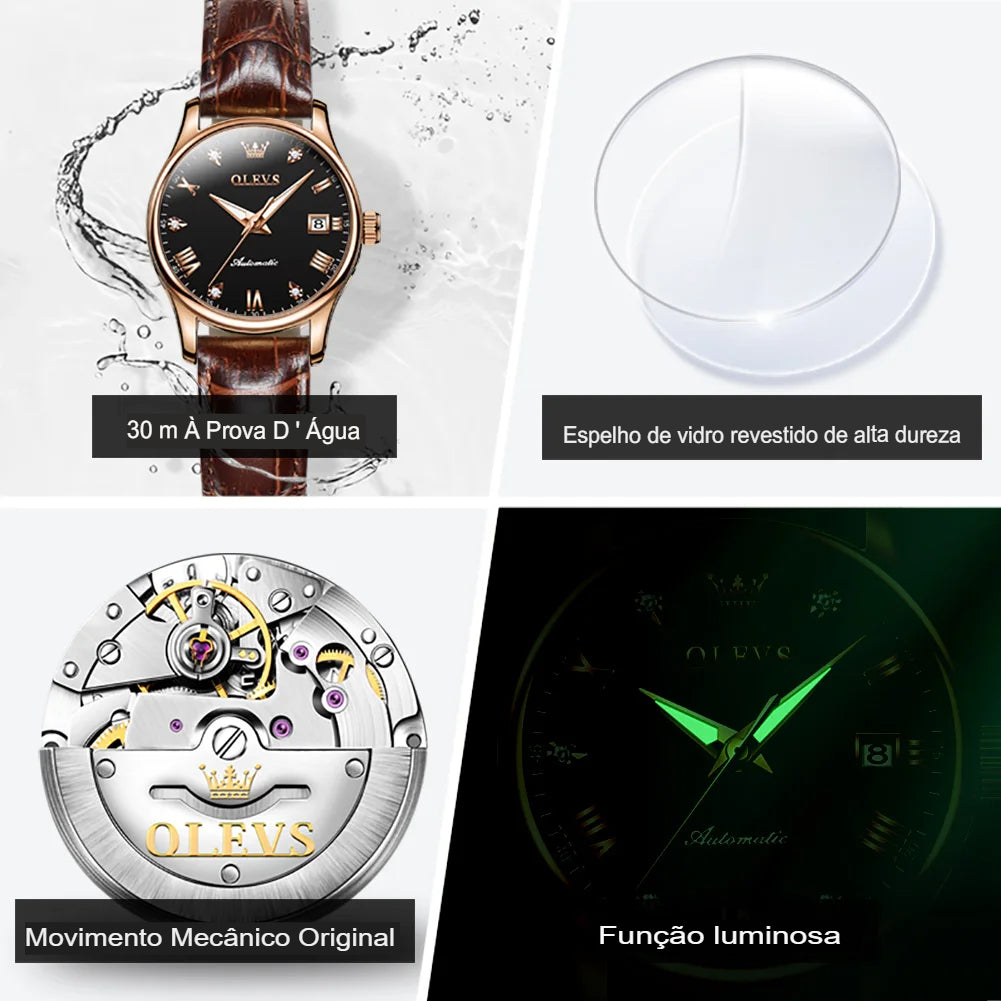 Relógio de Couro Olevs Automático