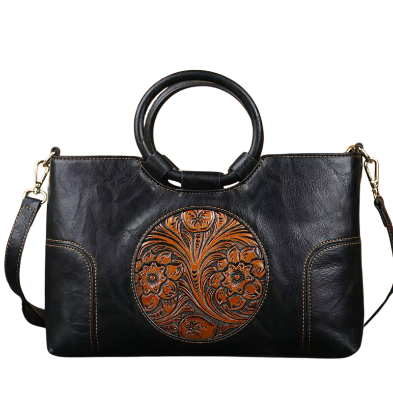 Bolsa Feminina de Couro Com Detalhes em Relevo-Preta