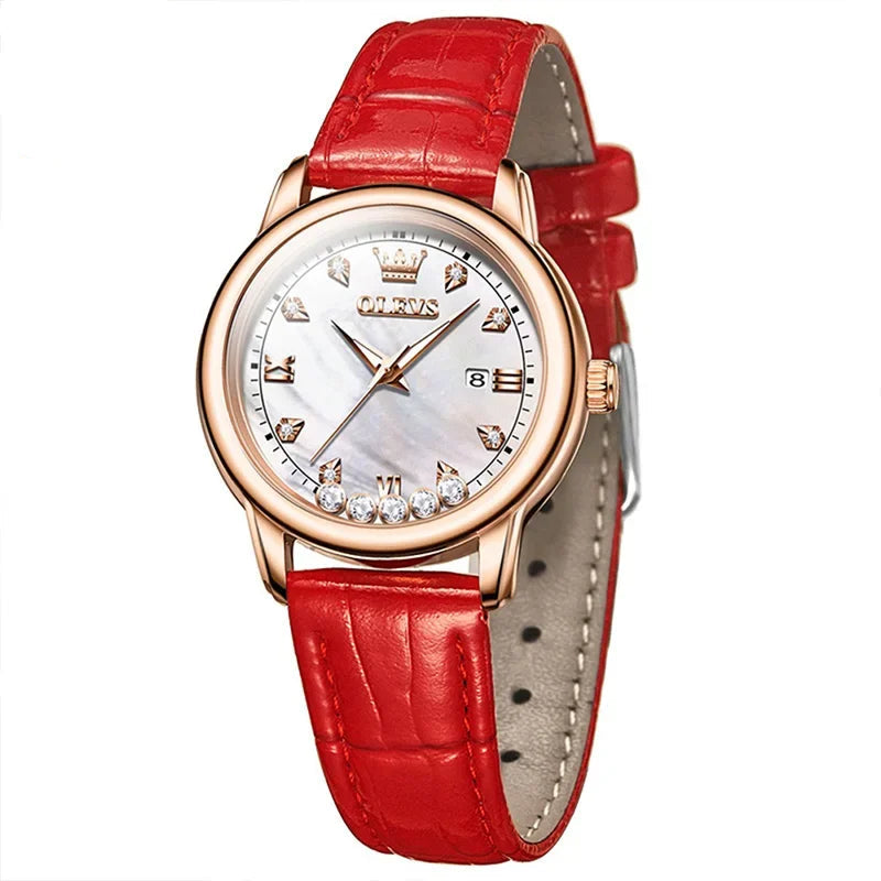 Relógio de Couro Com Diamantes-Vermelho