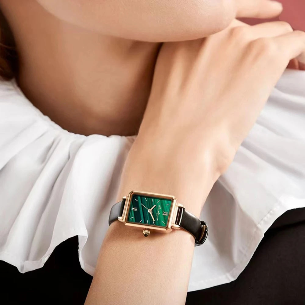 Relógio Feminino Verde de Luxo com Pulseira de Couro