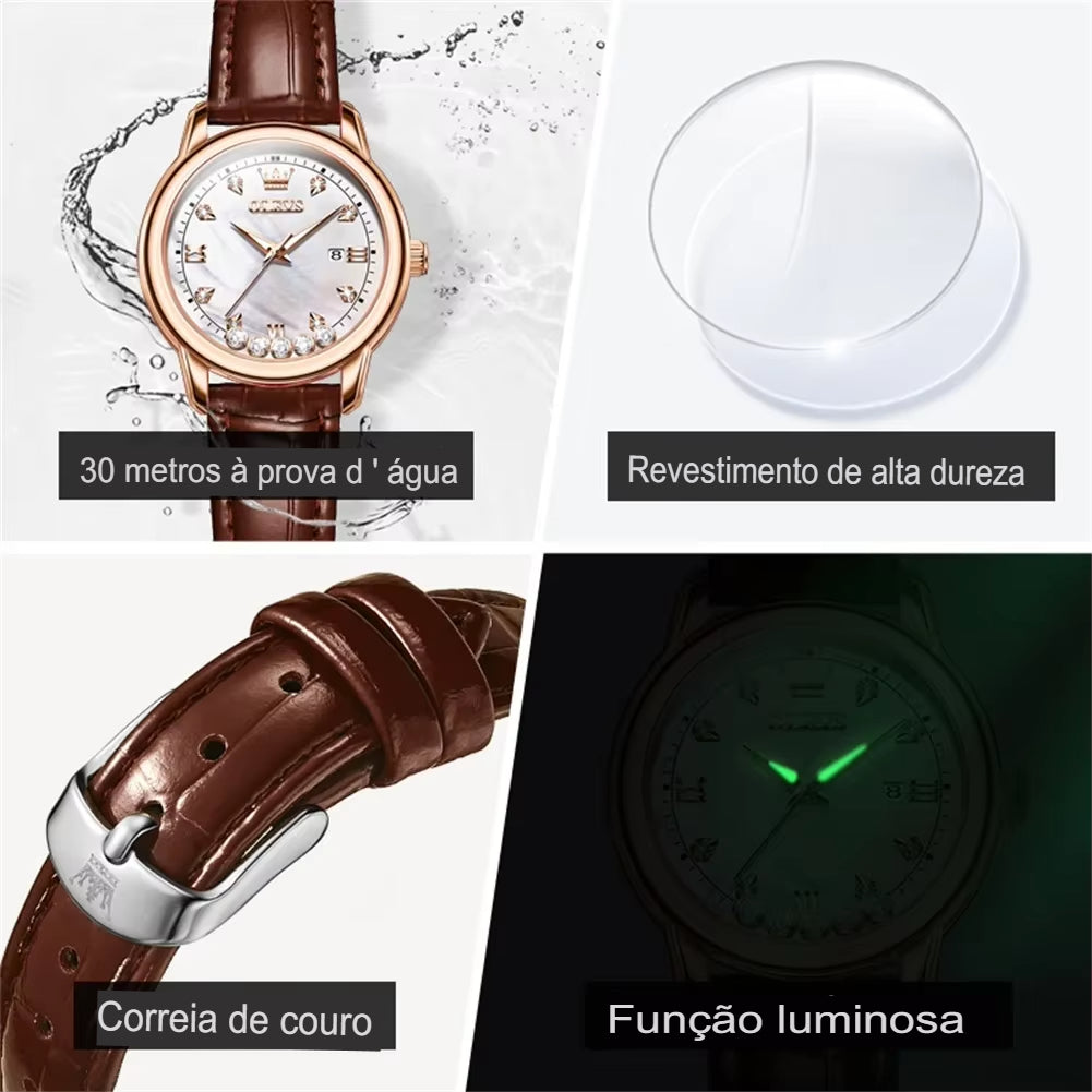 Relógio de Couro Com Diamantes